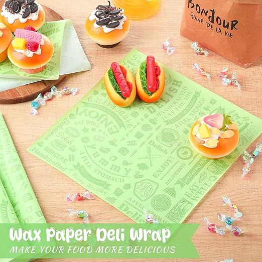 Outus 600 Pcs 12 x 12 Inch Deli Wax Paper Sheets Grease Resistant Tray Basket Liners Newsprint Paper Water and Grease Proof Sandwich Wrapping Square Hot Dog Wrappers for Food Baking (Light Green)