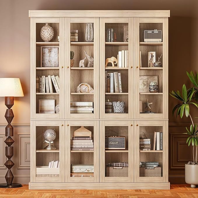 70.8" Tall Brown Bookshelf with Glass Doors, Farmhouse Modular Bookcase with 6-Tier Adjustable Shelves, Large Storage Cabinet for Home Office, Living Room, Set of 4