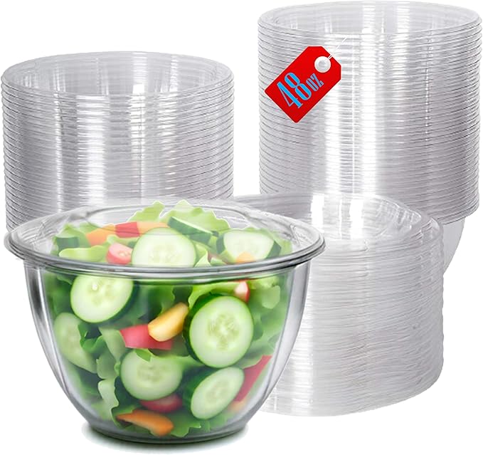 Mr Miracle Clear 48 Ounce Plastic Salad Bowls with Snap-On Lids. Pack 50. Airtight Disposable Salad Containers for Lunch, Meal Prep, Parties. Ideal as Disposable Salad Bowls with Lids