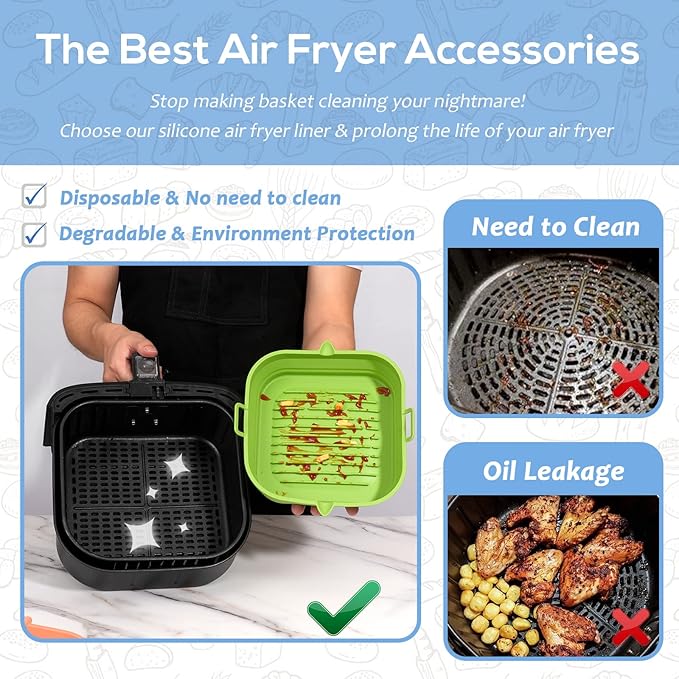 Silicone Air Fryer Liners - Square Reusable Airfryer Basket - Easy to Clean Air Fryers Silicone Pot for 5.8 to 8 Qt Air Fryer Baking Tray Oven Accessories, 8.5 Inch Large