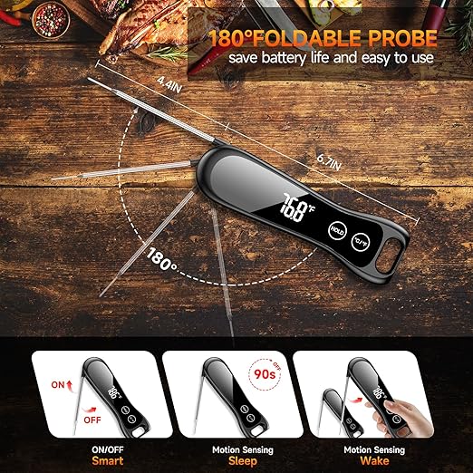 Digital Meat Thermometer 180° Rotate Temp Probe 1 Sec Instant Read Thermometer for Cooking IP67 LED Screen Waterproof Thermometer for Kitchen, BBQ, Fry, Grill, Candy