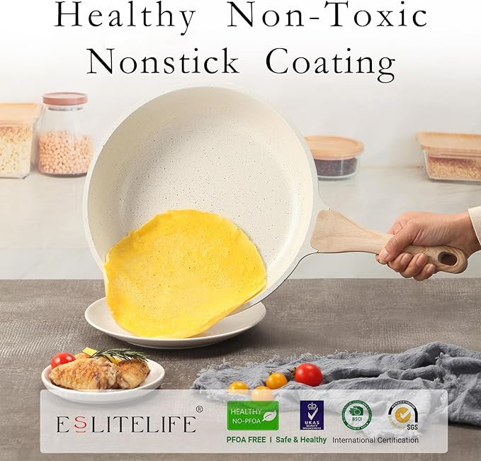 ESLITE LIFE Nonstick Ceramic Frying Pans Skillets Set, Non-Toxic Egg Omelette Kitchen Cooking Pans Compatible with All Stovetops (Gas, Electric & Induction), PTFE & PFOA Free (White)
