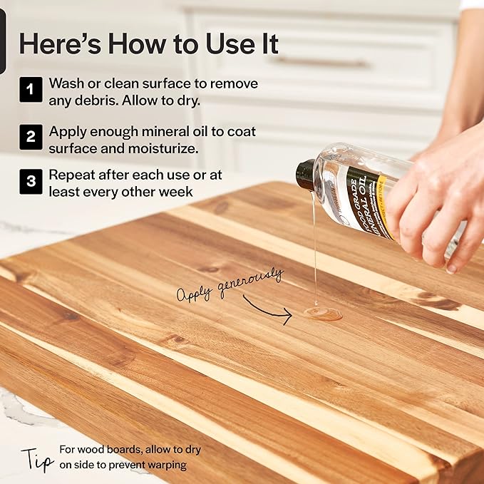 Thirteen Chefs Mineral Oil - 8 oz Food Grade Conditioner for Wood Cutting Board, Countertop & Butcher Block, Lubricant for Knife or Meat Grinder - Safe USP Finish on Marble, Soapstone