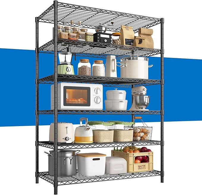 6 Tier Storage Shelves 75H Adjustable Metal Shelving Rack, 1200LBS Wire Shelving Rack for Storage Unit, Metal Shelves for Pantry Shelves, Garage, Kitchen, 75" Hx 36" Wx 18" D
