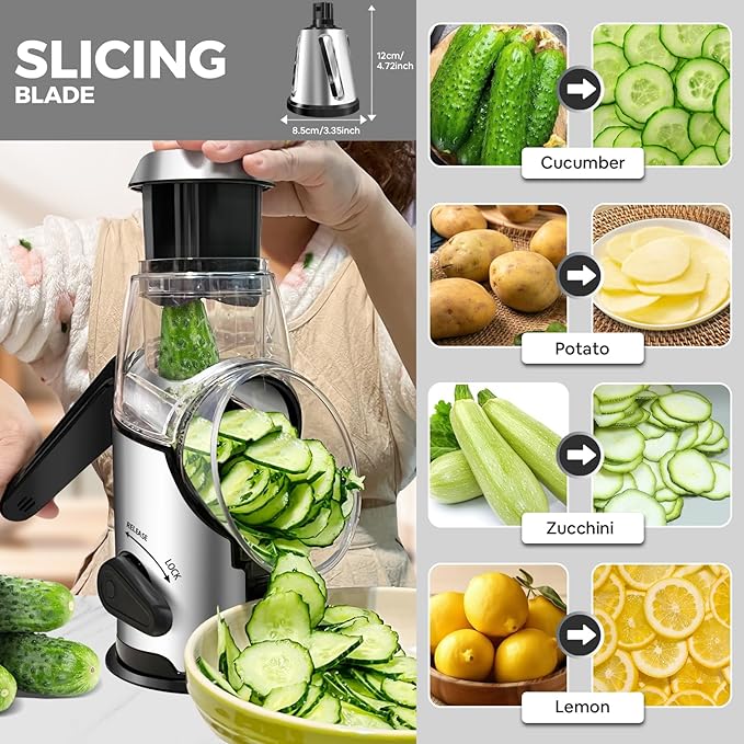 Rotary Cheese Grater with Handle,3 Changeable Blades for Kitchen Vegetable Cheese Shredder Slicer Grater,Nut Grinder,Easy to Use and Clean,Stainless Steel-Black Silver
