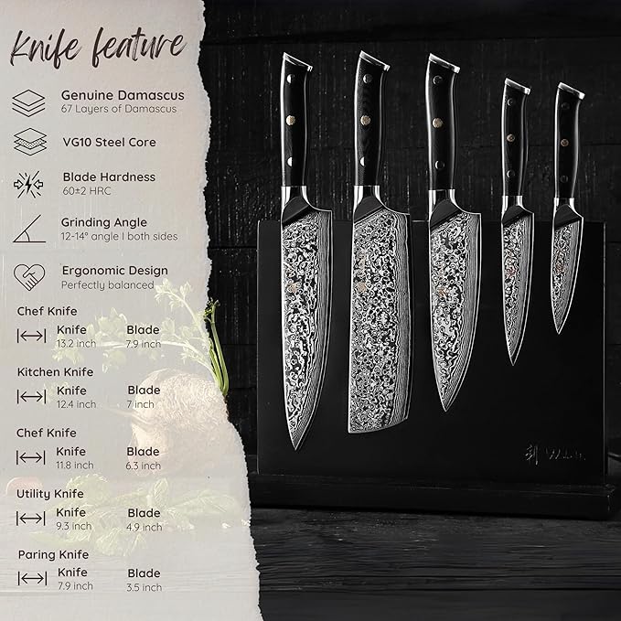 Wakoli Knife Block Sets – 5-Piece Professional Damascus Kitchen Knife Set with Magnetic Block | G10 Handles & VG10 Core | Gift Box (Elite Cuisine)