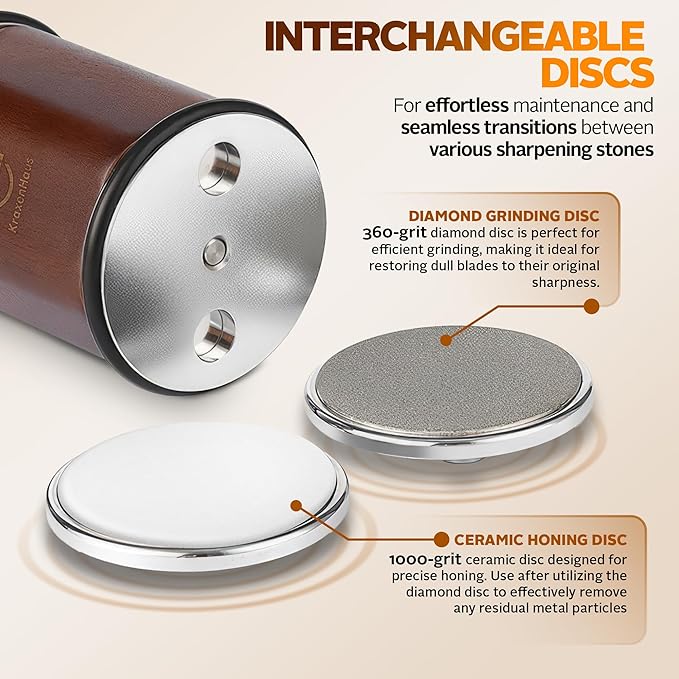 Tumbler Rolling Knife Sharpener Kit – Magnetic Manual System with 4 Angles & Walnut Base Diamond & Ceramic Discs | Kitchen Knife Sharpening Tool | Interchangeable, Easy & Safe Design
