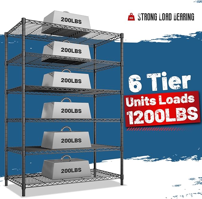 6 Tier Storage Shelves 75H Adjustable Metal Shelving Rack, 1200LBS Wire Shelving Rack for Storage Unit, Metal Shelves for Pantry Shelves, Garage, Kitchen, 75" Hx 36" Wx 18" D