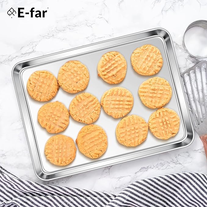 E-far Stainless Steel Baking Sheets, 12.4” x9.7” x 1” Baking Cookie Sheets Pans for Oven, Non-toxic Metal Trays for Cake Cookies, Healthy & Rust Free, Mirror Finish & Dishwasher Safe, 2 Pack
