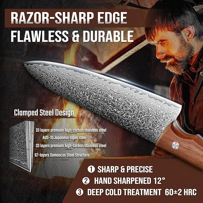 DRAGON RIOT Damascus Chef Knife Set, 2pcs VG10 Professional Kitchen Knife Set, Ultra Sharp Blade & Ergonomic Wooden Handle, Full Tang Forged Damascus Steel Kitchen Cooking Knife Set with Gift Box