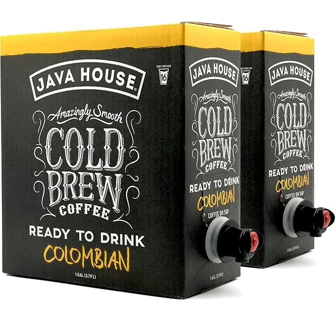Java House Cold Brew Coffee on Tap (Pack of 2) – Premium 100% Arabica Medium Roast – Smooth Colombian Flavor with Chocolate & Caramel Notes – 1 Gallon Box (16 Servings) – Ready to Drink, No Brewing Required, Fridge-Friendly