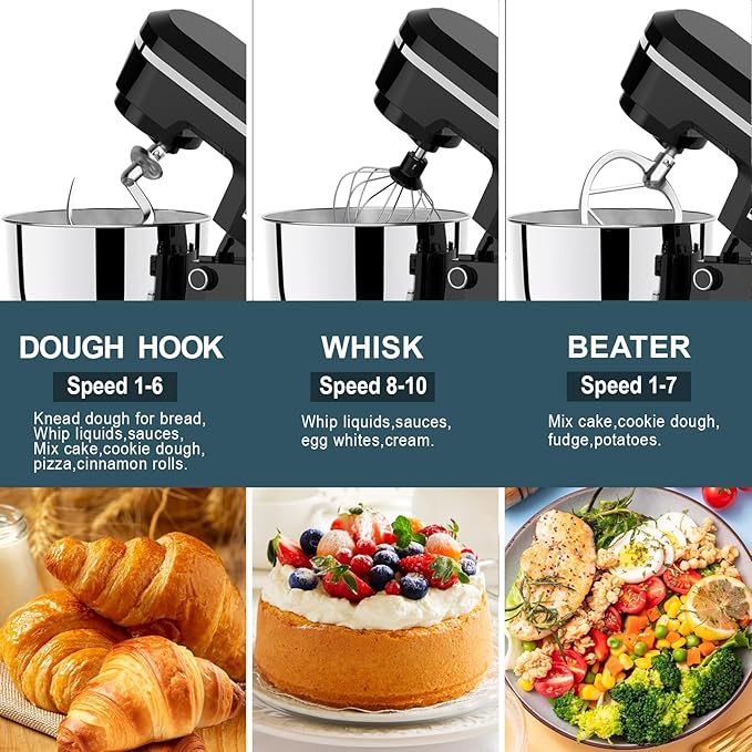 Household Stand Mixer with 6.5 Quart Bowl, Electric Food Mixer 10+p Speeds 660W, Kitchen Tilt-Head Bread Dough and Cake Mixers with Dough Hook, Whisk, Beater, Splash Guard and Egg Separator (Black)