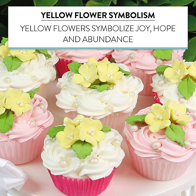 Global Sugar Art Blossoms and Leaves Edible Sugar Cake & Cupcake Flowers, Yellow, Small Unwired, 24 Count with Leaves by Chef Alan Tetreault