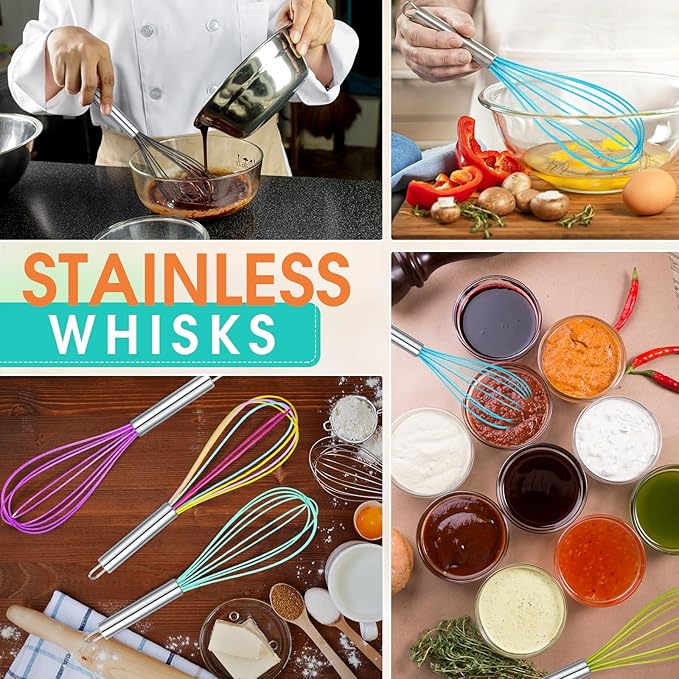 Domensi 8 Pcs 8 Inch Whisks Bulk for Cooking Silicone Whisks Non Scratch Stainless Steel Hand Coated Metal Heat Resistant Egg Beaters for Classroom Cook Party Favor Gift Supplies