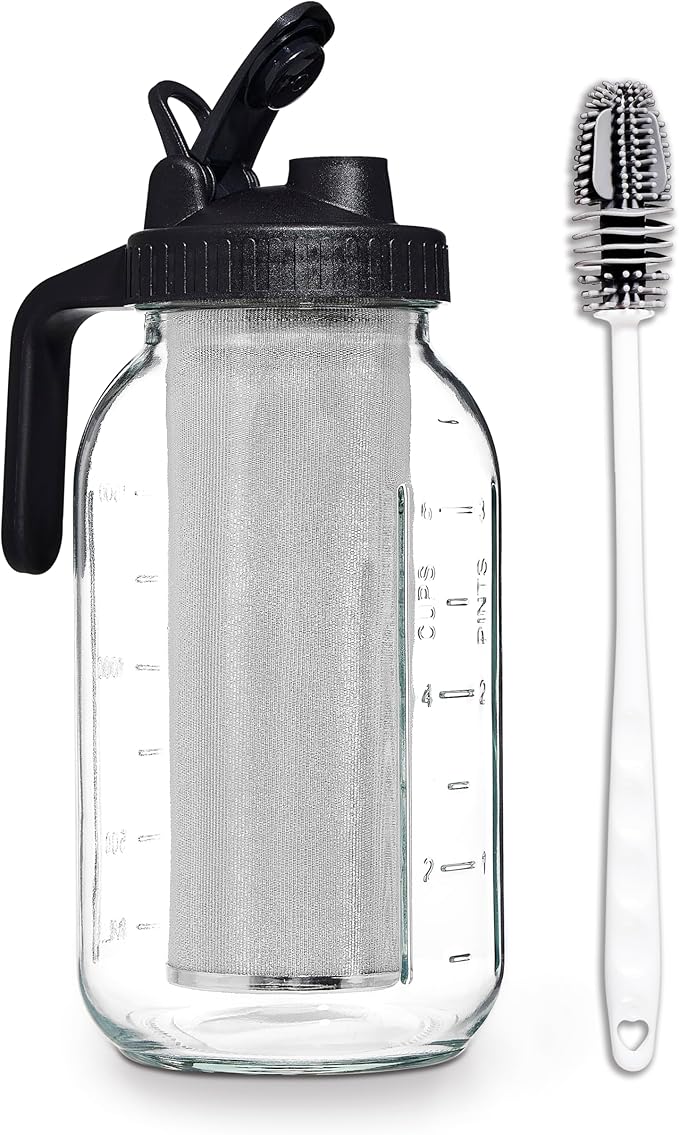 COOK WITH COLOR Cold Brew Coffee Maker - 64oz Mason Jar Pitcher with Stainless Steel Filter, Airtight Glass Jar, Pour Spout Lid & Handle, Ideal for Iced Coffee & Tea, Includes Brush, Black