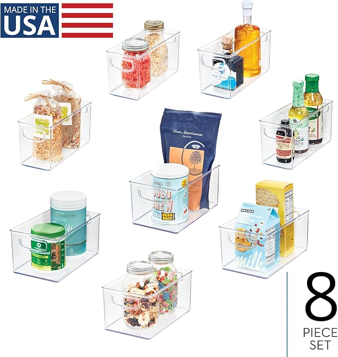 iDesign Stackable Pantry Bins with Handles, 4 Small and 4 Medium Bins, 8 Pack, Clear, Made in USA