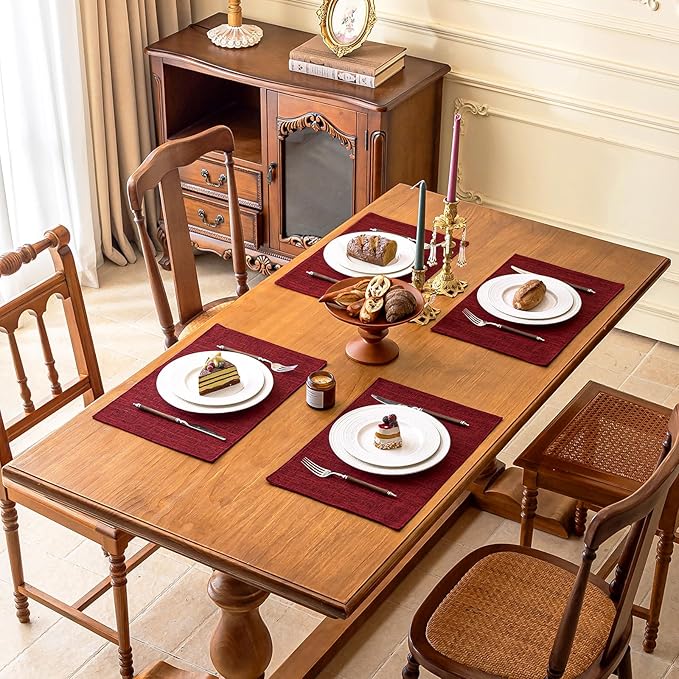 KXN Christmas Placemats Set of 6, Dual-Layer Thickened Faux Linen Table Mats, Heat Resistant & Wrinkle-Free, Machine Washable Cloth Place Mats for Kitchen Dining Indoor Outdoor (Red)