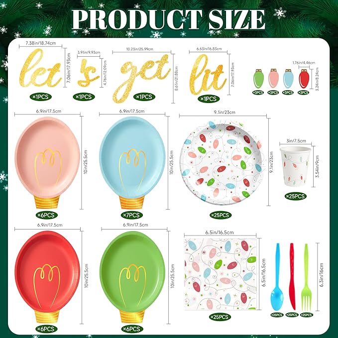 177Pcs Christmas Party Supplies Decorations, Disposable Christmas Light Bulb Paper Plates Napkins Cups Plastic Cutlery Serve 25, Heavy Duty Disposable Dinnerware Set for Holiday Home Xmas Party Decor