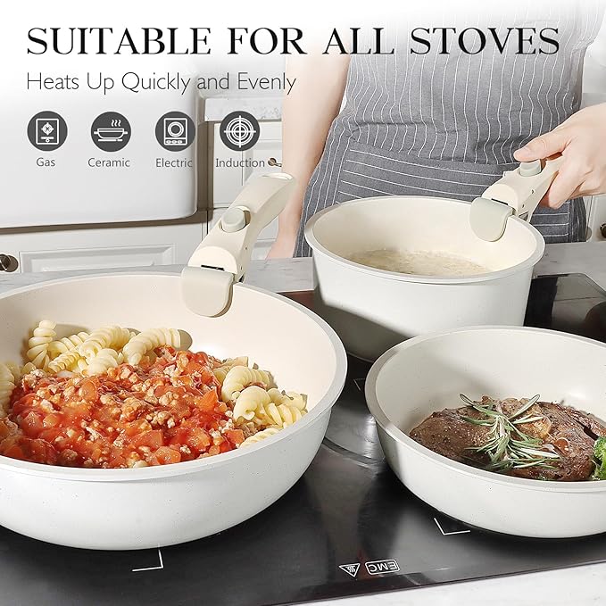GiPP Non Stick Frying Pans Set Removable Handle, Oven Safe Nonstick Fry Pan Skillets with Detachable Handle, Granite Coating Healthy Cooking Compatible with All Stovetops, PFOA Free, RV Cookware set