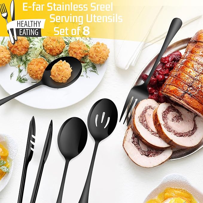 Large Gold Serving Utensils Set of 8, E-far Stainless Steel 9.8 Inch Serving Spoons Slotted Spoon, 9.9 Inch Forks, 9.4 Inch Tong for Buffet Catering, Mirror Finish & Dishwasher Safe