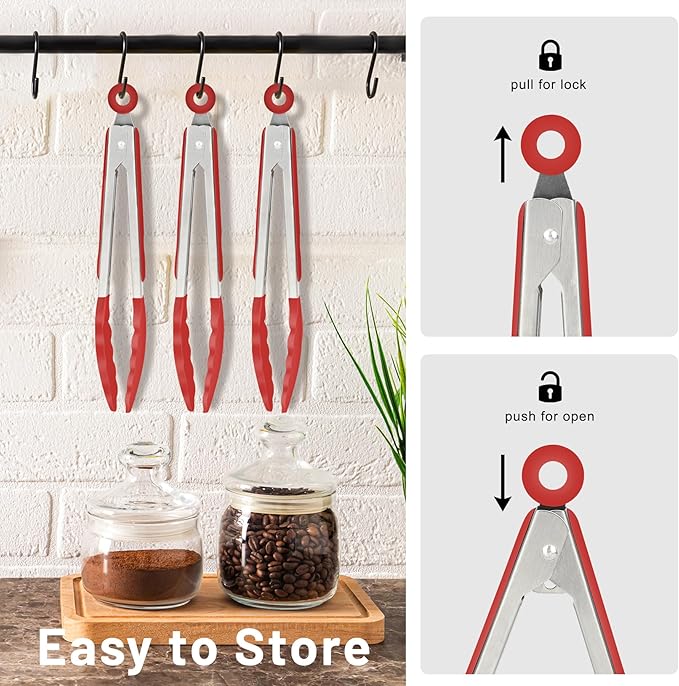 Hotec Mini Silicone Kitchen Tongs for Cooking - 7-Inch Small Serving Tongs with Silicone Tips, Set of 3 (Red)