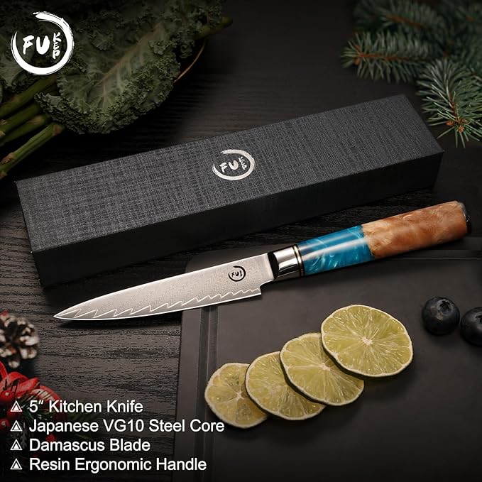 5 Inch Kitchen Utility Knife, Damascus Paring Knives,Japanese VG10 Steel Damascus Fruit Knife-Ergonomic Blue Resin Handle Ideal Birthday Gift for Men and Women