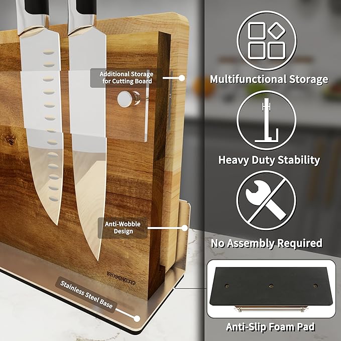 Acacia Wood Magnetic Knife Block Stand with Thickened Acrylic Shield - Double-Sided Powerful Magnet Holder for 10+ Knives, Anti-Slip Base & Space-Saving Design