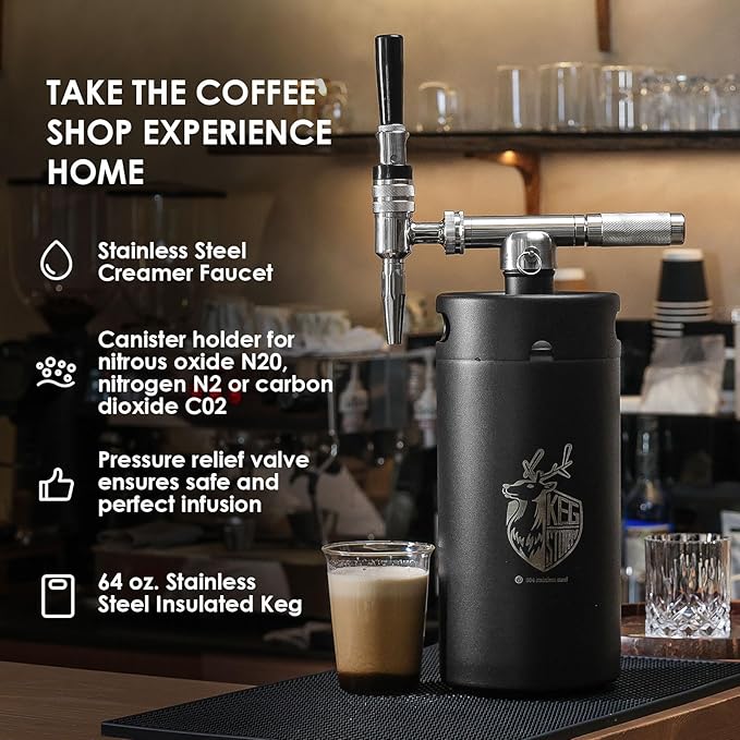 Nitro Cold Brew Coffee Maker, 128 oz Extra Large Home Keg, Stainless Steel Tap System, Matte Black Mini Keg