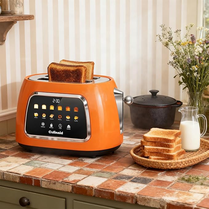 Toaster 2 Slice Smart Touch Screen, Retro 1.5'' Extra Wide Slot Stainless Steel Digital Bread Toaster with Memory Function, Bagel, Defrost, 6 Browning Level and Removable Crumb Tray, Orange