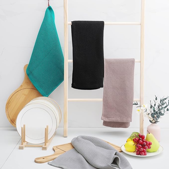 Homaxy 100% Cotton Waffle Weave Kitchen Dish Towels, Ultra Soft Absorbent Quick Drying Cleaning Towel, 13 x 28 Inches, 4-Pack, Black