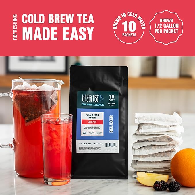 Tiesta Tea - Palm Beach Punch Cold Brew Tea, Loose Leaf, Fruit Punch Herbal Blend, Premium Iced Blend, Non-Caffeinated, 10 Cold Brew Bags, Makes One 64oz Pitcher Each