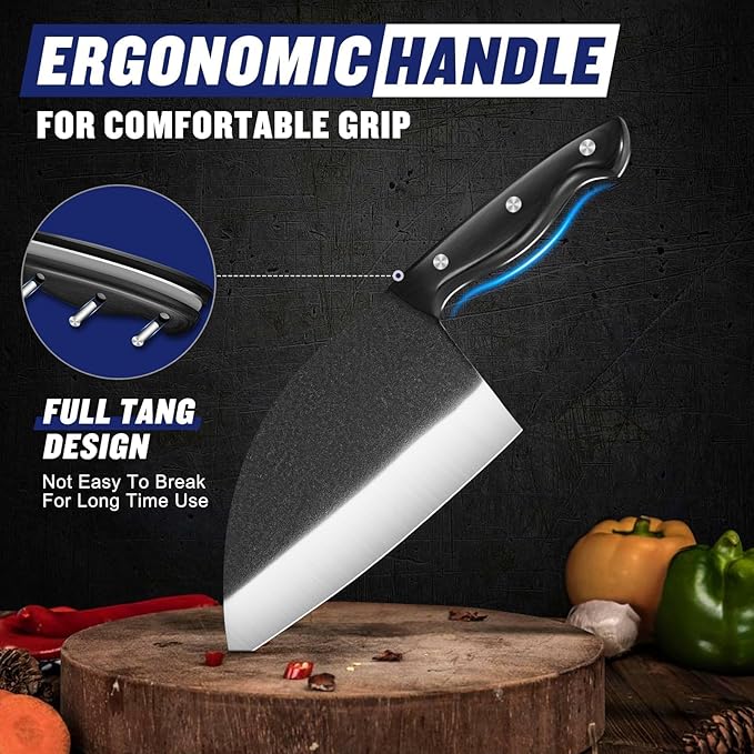 SSGP Serbian Chef Knife, 7.2 Inch Meat Cleaver Knife with Full Tang Handle, Hand Forged Heavy Duty Chopper Knife, Butcher Knife for Kitchen, Outdoor Cooking, Camping