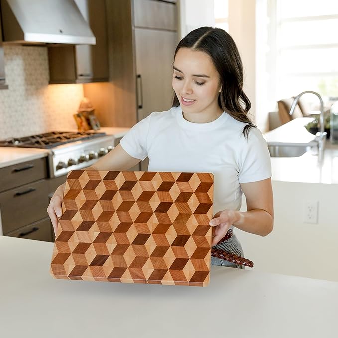 End Grain Wooden Cutting Board for Kitchen 15.5"x 11.5" - Walnut Hardwood Chopping Block with Non Slip Grips - Ideal for Charcuterie & Meat Butcher - Handmade 3D Design Wood (1.1'' Thick, Large)