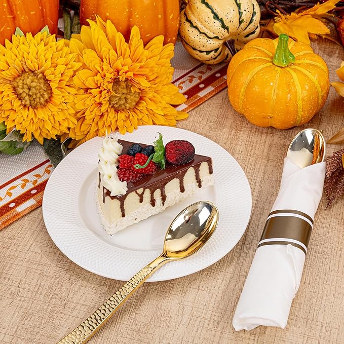 WELLIFE 50 Pack Gold Plastic Silverware with Pre Rolled Napkins,Gold Disposable Utensils, Includes: 50 Forks,50 Knives,50 Spoons,50 Napkins,gold Silverware Disposable for Thanksgiving
