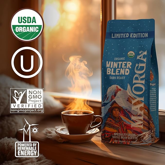 Mayorga Seasonal Dark Roast Coffee, 2 lb bag - Winter Blend Coffee Roast - 100% Arabica Whole Coffee Beans - Bold & Smooth Organic Coffee - Specialty Grade, Non-GMO, Direct Trade, Kosher