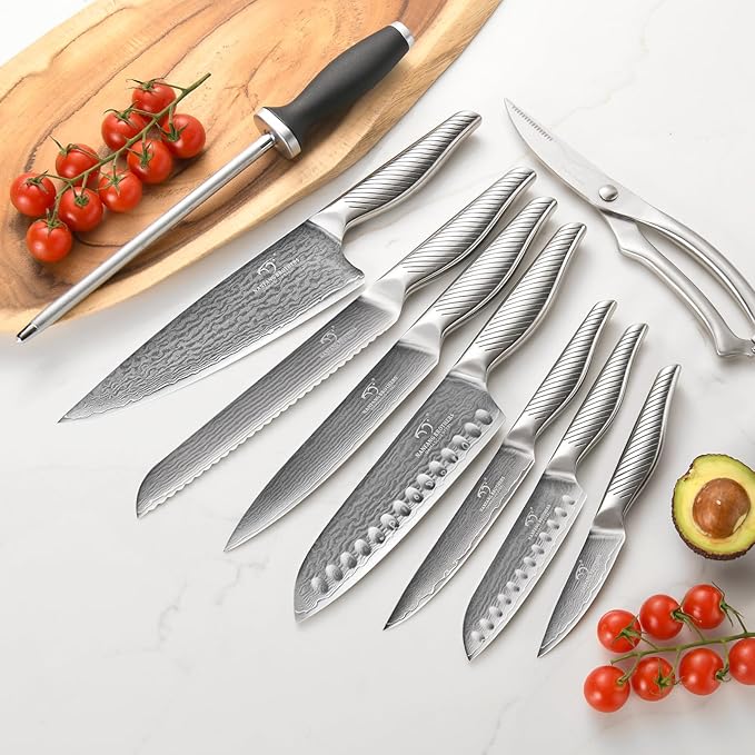 NANFANG BROTHERS® 10 Pieces Damascus Kitchen Knife Set, High Carbon Stainless Steel Damascus Steel Chef Knife Set, Stainless Steel Ergonomic Handle for Chef, with Built-in Sharpening Rod NF