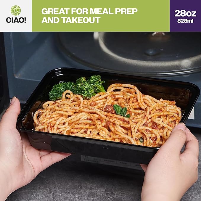 CIAO! Heavy Weight 28oz Injection Molded Microwavable Black Rectangular Food Container with Lid (150/case)