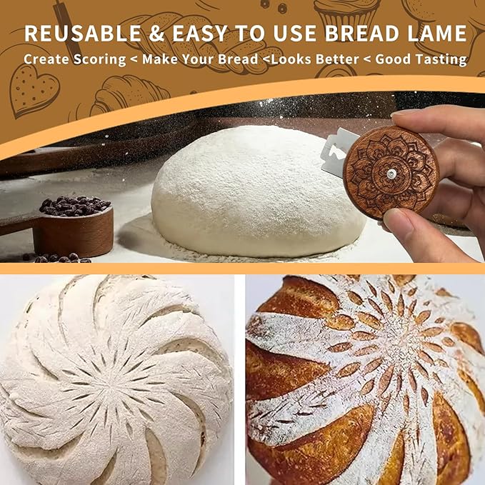 Bread Lame Sourdough Scoring Tool - Wooden Lame Bread Scoring Tool with 5 Razor Blades and Leather Storage Cover - UFO Bread Lame Dough Scoring Tool for Bread Baking