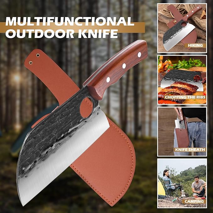 8'' Hand Forged Wood Butcher Knife Santoku for Meat Cutting Bone Chopping Kitchen Outdoor BBQ Camping