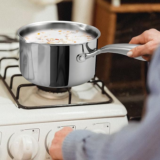 Cyrosa 2.5 Quart Saucepan with Strainer Lid, Stainless Steel Sauce Pot, Sauce Pan for Stove Top, Two Side Spouts for Easy Pour, Dishwasher Safe