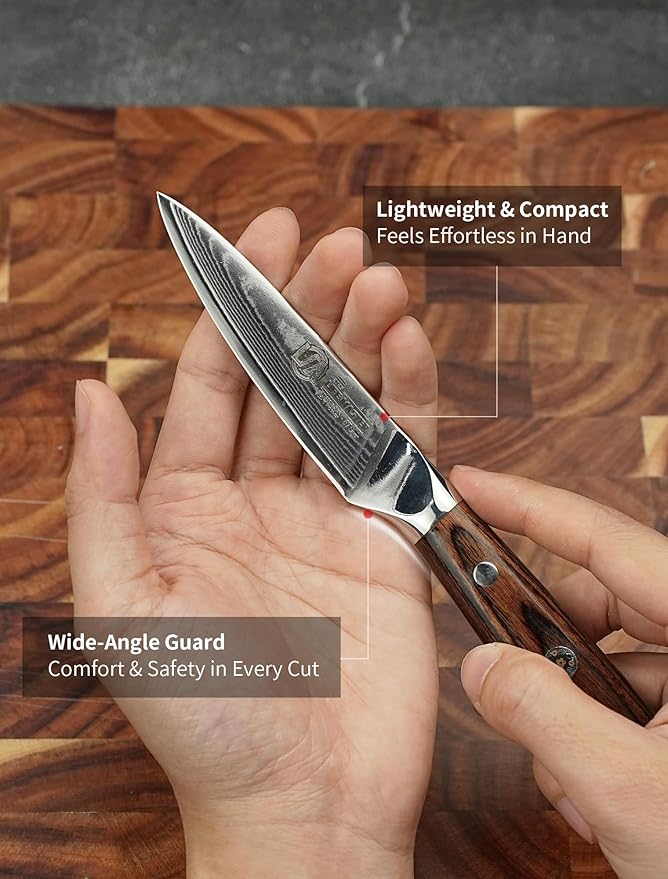 Damascus Paring Knife - Collectible 3.5 Inch Utility Knife with Pakkawood Handle, Japanese High Carbon Steel Blade, Small Fruit & Vegetable Knives for Kitchen, Outdoor, Camping, or Gift Use
