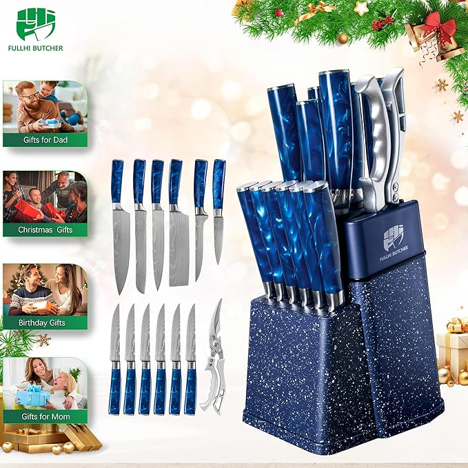 FULLHI 14pcs Block Knife Set, Chef's Knife Steak Knives Set with Block and Sharpener, Kitchen Knife Set, Multi-colour Handle, Gifts for Men Women