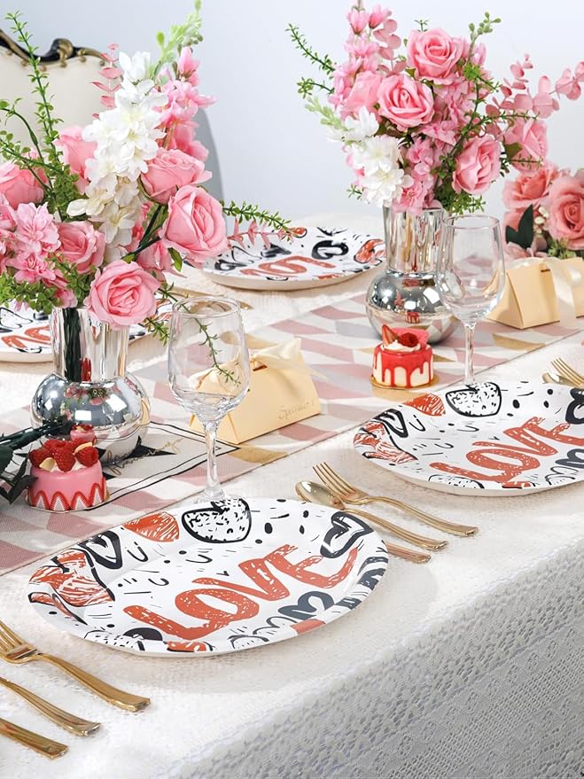 WDF 50PCS Heart Paper Plates -10"x12" Heart Plates Disposable -Love Design Valentines Plates for Weddings/Anniversary Birthday Party Thanksgiving
