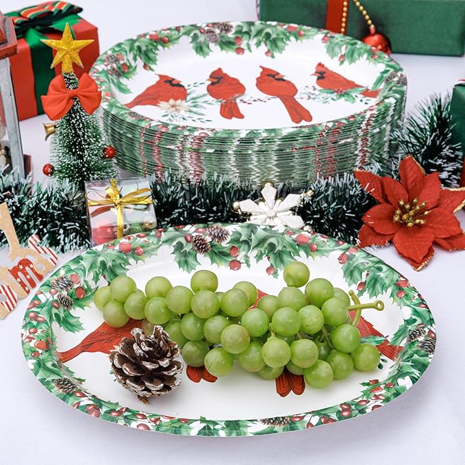 WDF 50Pack Christmas Paper Plates - 10" x 12" Oval Winter Paper Plates/Christmas Plates Disposable - Christmas Dinner Plates Disposable Platter Heavy Duty for Happy Christmas Serving Tray