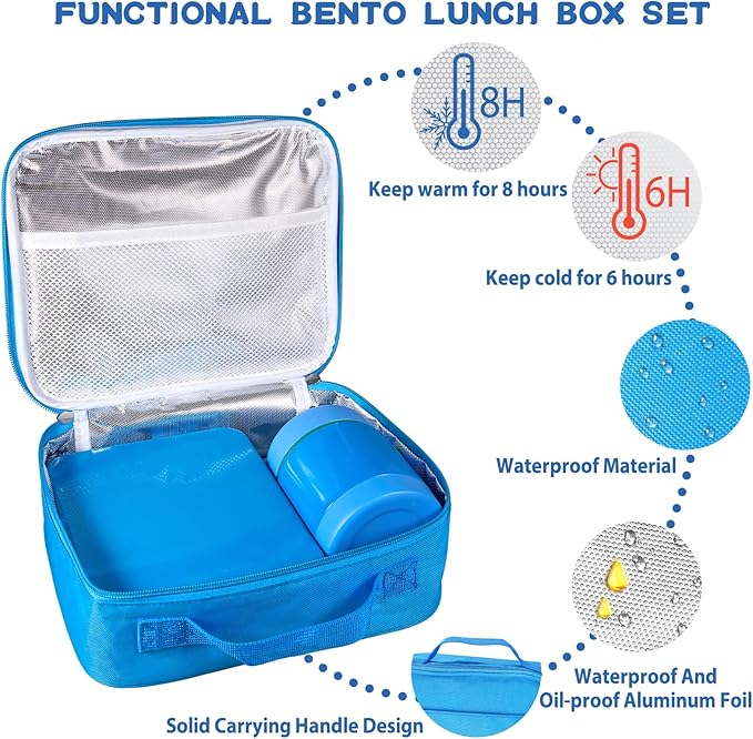 Bento Lunch Box Set for Kids with 10oz Soup Thermo, Leak-Proof Lunch Containers with 4 Compartment, Thermo Hot Food Jar and Insulated Lunch Bag for Kids to School,BPA-Free(Blue)