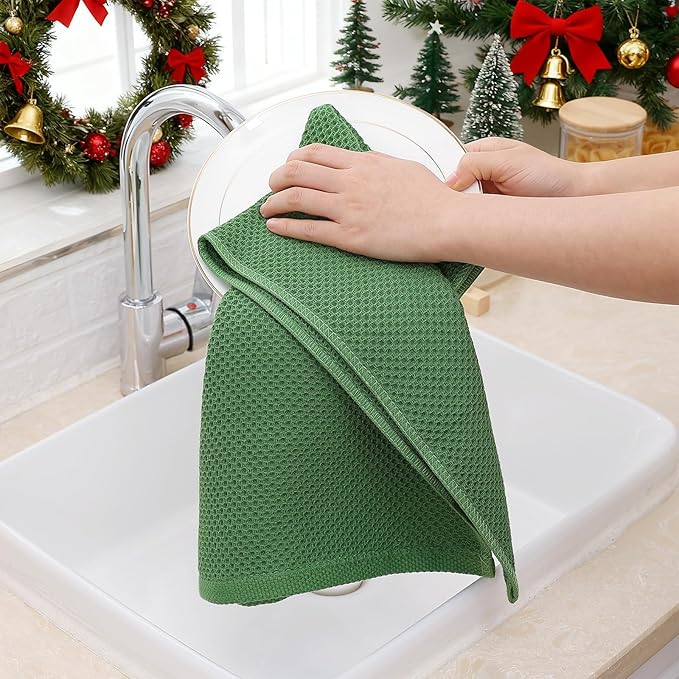 Homaxy 100% Cotton Waffle Weave Kitchen Dish Towels, Ultra Soft Absorbent Quick Drying Cleaning Towel, 13 x 28 Inches, 6-Pack, Grass Green