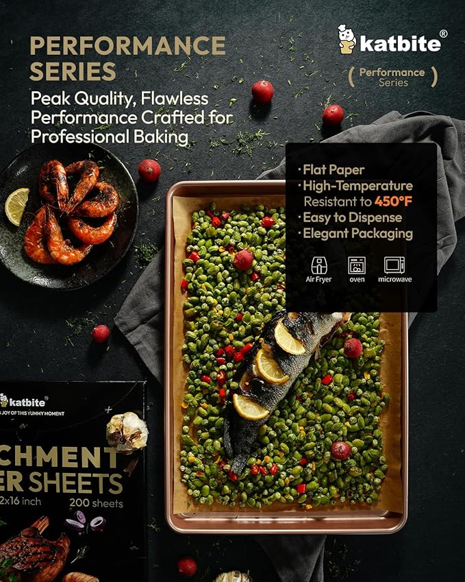 Katbite 200 Pcs Parchment Paper Sheets, 12x16IN Ultra-strong Unbleached Baking Paper Non-Stick for Professional Baking, Pre-cut Parchment Paper Suitable for Baking,Cooking [Performance Series]