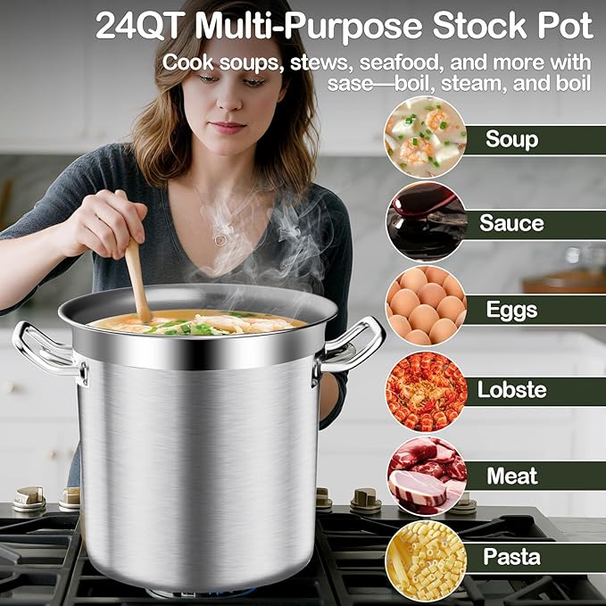 Stainless Steel Stock Pot-24QT Heavy Duty Induction Cooking Pot with Visible Lid, Commercial Grade Stock Pot & Stockpots for Boiling Cooking Soup Stew Canning Cooking Pots,Big Stockpot, Deep Cookware