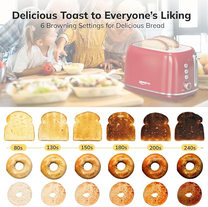 2 Slice Stainless Steel Toaster Retro with 6 Bread Shade Settings, Bagel, Cancel, Defrost Function, Extra Wide Slot, Removable Crumb Tray, Red