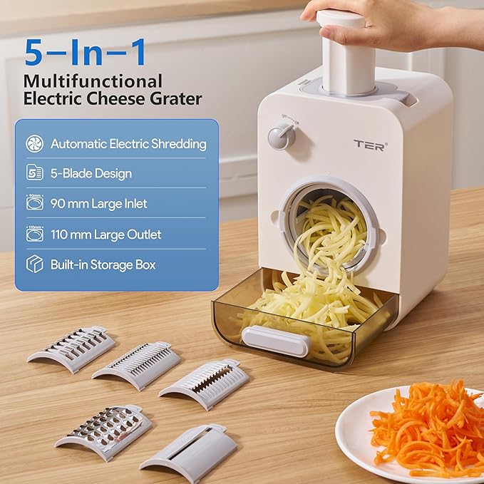 TER Electric Cheese Grater with 5 Blades – 5-in-1 Gourmet Vegetable Shredder for Carrot, Potato & More, 110mm Large Caliber, Built-in Blade Storage Box, Fast & Efficient Grating